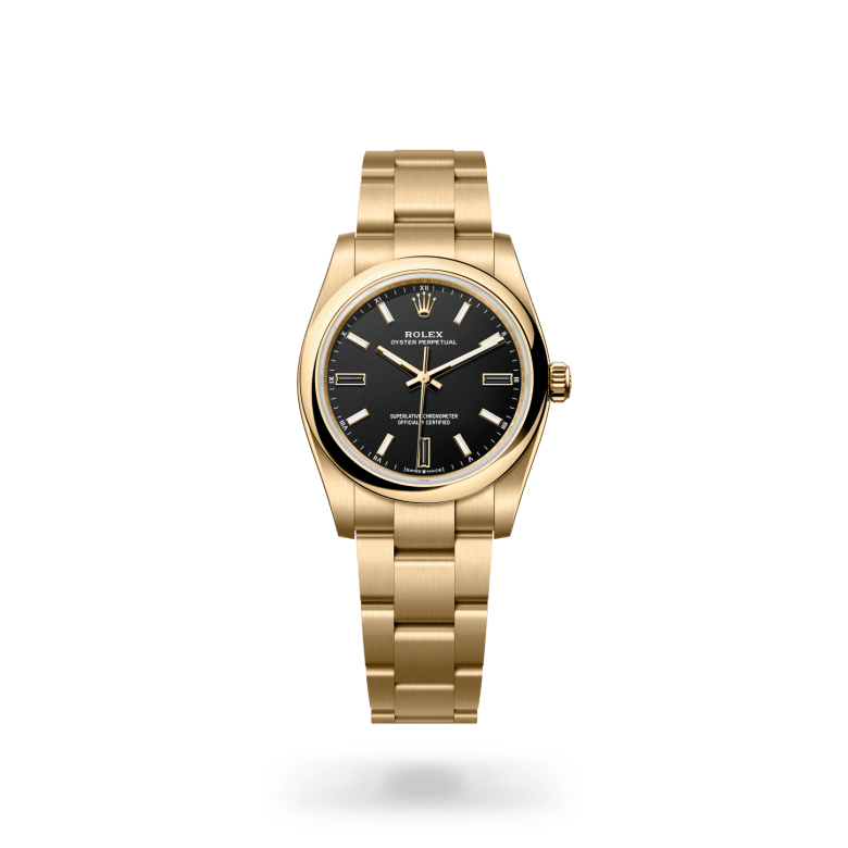 Rolex Oyster Perpetual 34, M124208-0001, 34mm, 18 kt geelgoud